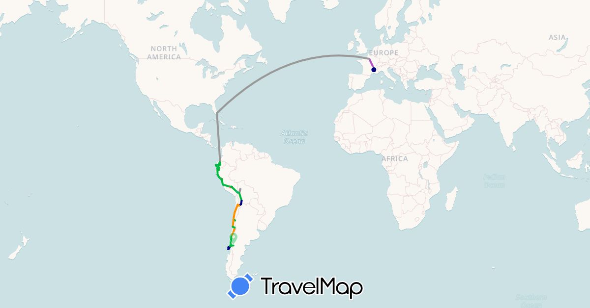 TravelMap itinerary: driving, bus, plane, train, hiking, boat, hitchhiking in Argentina, Bolivia, Chile, Ecuador, France, Peru, United States (Europe, North America, South America)